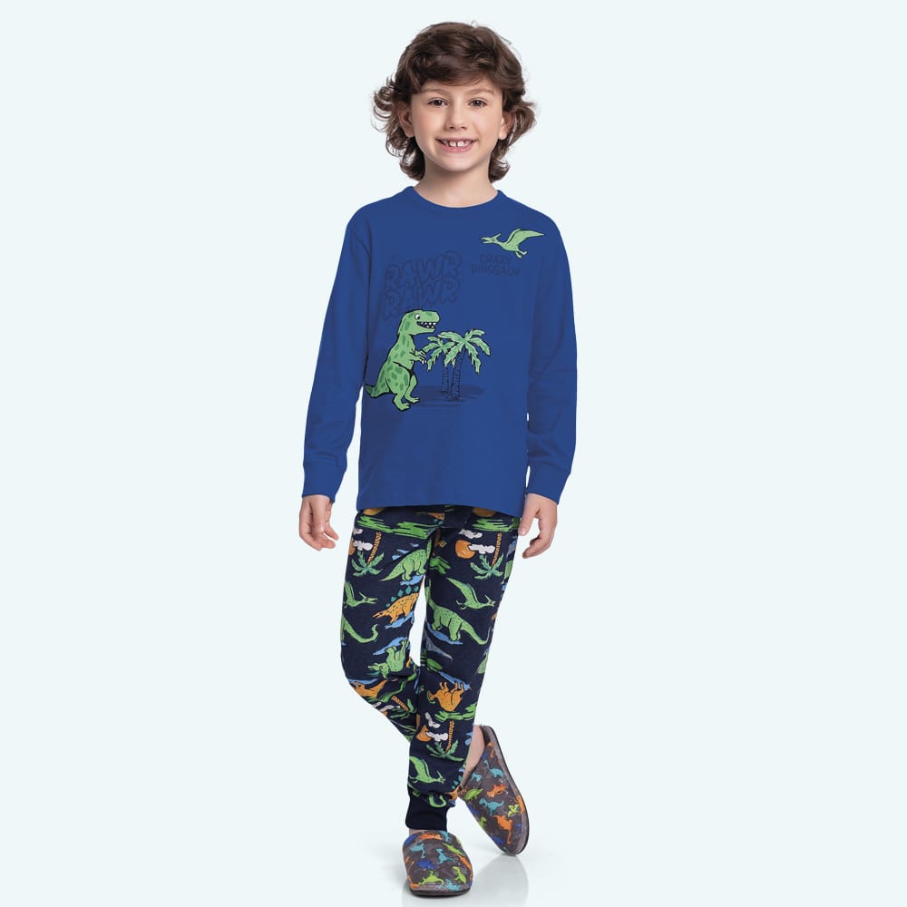 Pijama Dino Azul brilla em la oacuridad