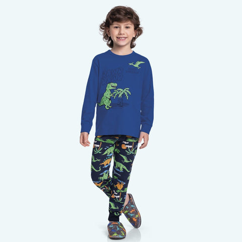 Pijama Dino Azul brilla em la oacuridad