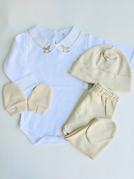 Set Bienvenida Bebe Algodón Egipcio Blanco Beige Caballo