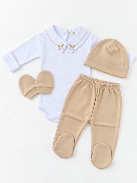 Set Bienvenida Bebe Algodón Egipcio Blanco Beige Caballo