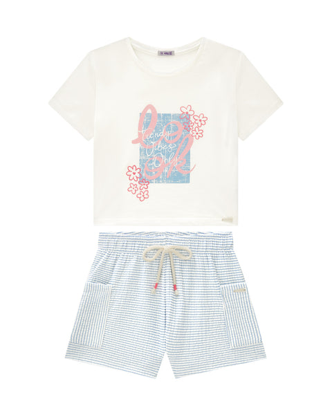 Conjunto Blanco Flores Short Rayas