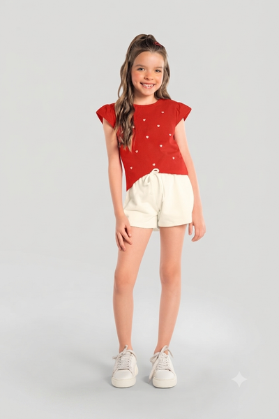 Conjunto Corazones Rojo Short Beige